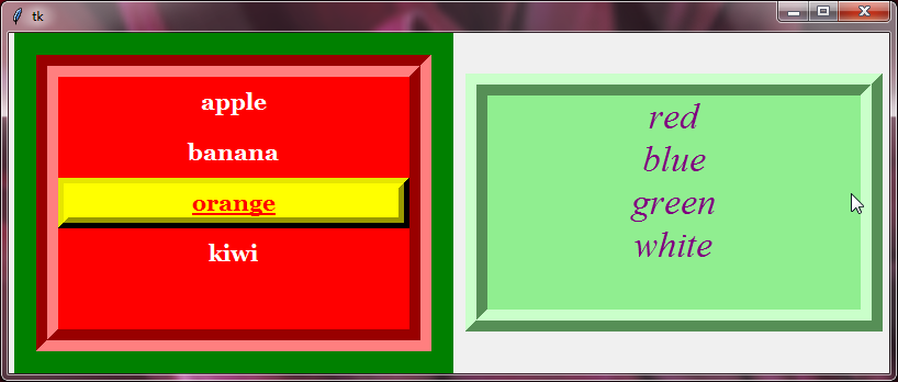 Two Tkinter Listboxes using various configuration options