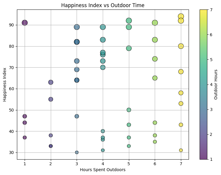 Matplotlib Scatter plot showing the relationship between hours spent outdoors and happiness index.