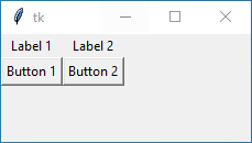 Tkinter application screenshot showing two labels ("Label 1" and "Label 2") positioned above two buttons ("Button 1" and "Button 2") using the grid manager.