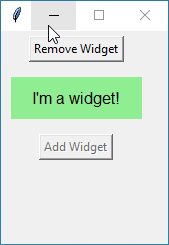 Tkinter grid_forget demo: dynamic GUI with a label toggled on/off using buttons. Learn Tkinter widget removal and re-addition.