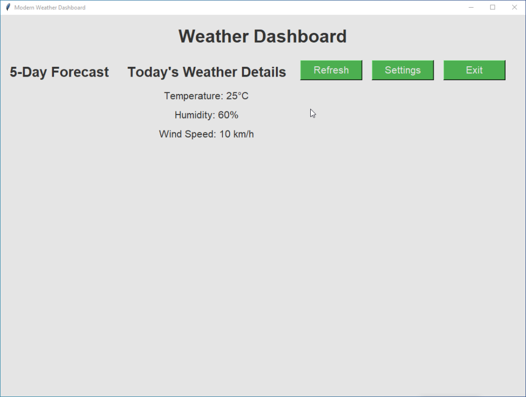 Tkinter GUI weather app showcase: modern design, 5-day forecast, weather details, settings, buttons. Learn Tkinter, Python GUI, weather dashboard.