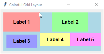 Tkinter grid layout tutorial: colorful labels, grid options, rowspan, columnspan, sticky, Python GUI design, Tkinter widgets.