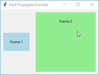 A Tkinter window divided into two side-by-side frames, demonstrating pack propagation behavior.