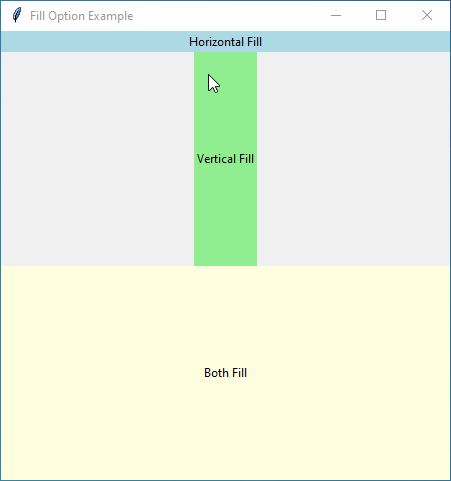 Tkinter fill option example: labels with horizontal, vertical, and both fill.