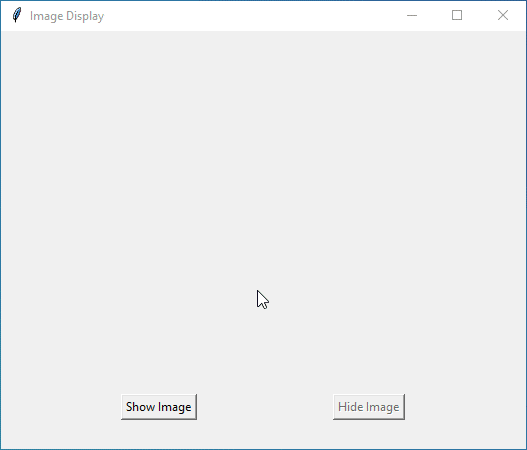 Tkinter application with buttons to show and hide an image (cool.png) positioned in the center.
