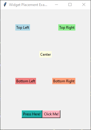 Tkinter window demonstrating widget positioning using the 'place' geometry manager. Labels anchored NW, NE, SW, SE, and Center, with buttons anchored W and E.