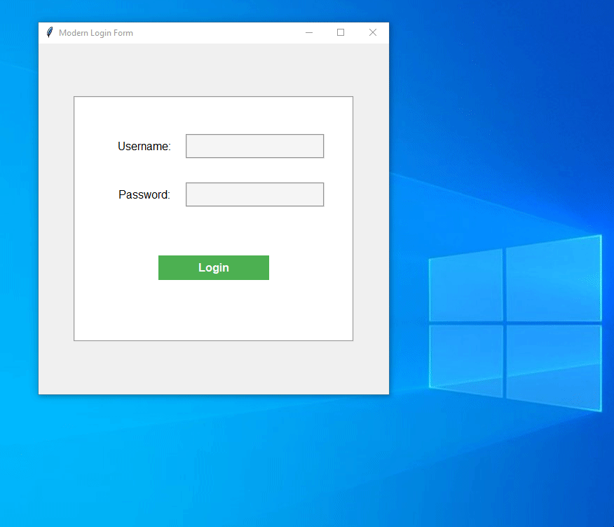 Tkinter GUI login form with username and password fields, centered on a light gray background with a white frame, and a green login button positioned with the help of place geometry manager.