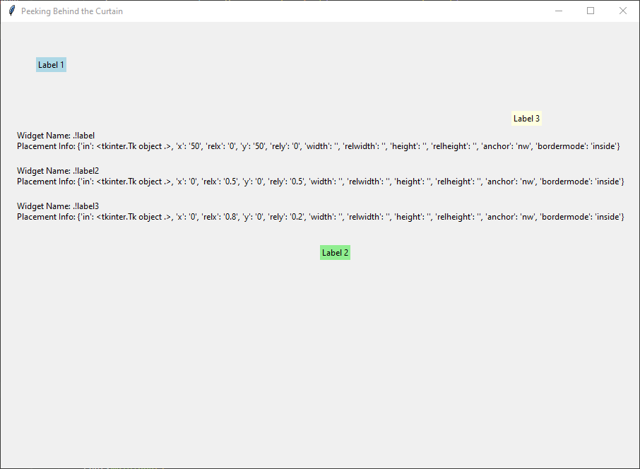 Tkinter GUI displaying widget placement details: labels positioned using absolute (x, y) and relative (relx, rely) coordinates.