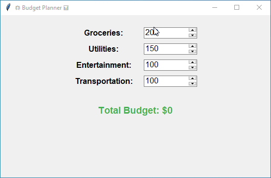 Python Tkinter GUI budget planner: track and manage individual category budgets (Groceries, Utilities, etc.) with Spinboxes. Customizable budget planner, financial tracker, Python GUI design, Tkinter Spinbox.