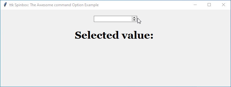 Tkinter Spinbox demonstration: 'command' option triggers code based on user selection. Select a value (1-10) to change the label text and color (green for even, red for odd).
