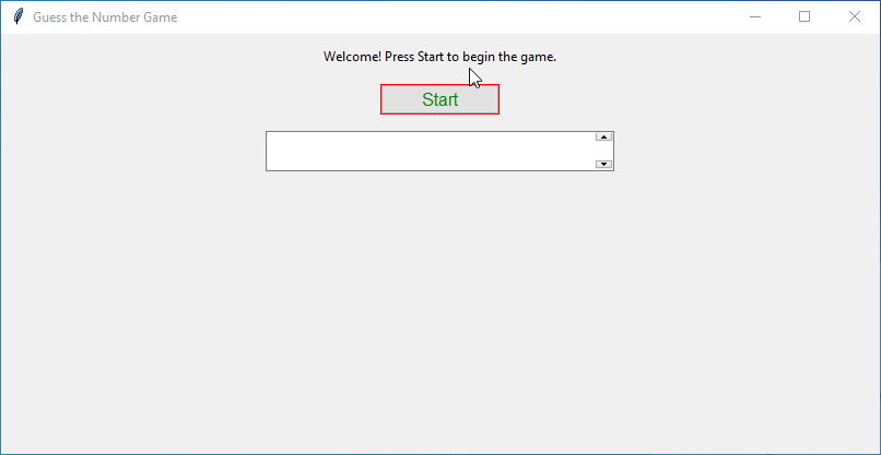 Tkinter 'Guess the Number' game: Enter a guess between 1 and 100, click 'Start' to generate a secret number, and receive feedback as you play. Green button starts the game, red Spinbox displays your guess, and the label shows results (win, too low, too high).