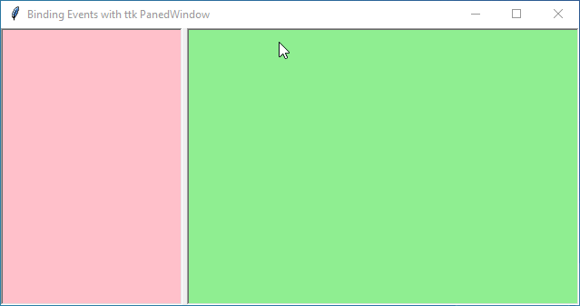 Tkinter PanedWindow with dynamic color changes: the left pane turns red while resizing (mouse move) and pink when released; the right pane turns green while resizing and light green when released. Demonstrates event binding with Tkinter and ttk.