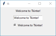 Tkinter GUI with label, entry, and radiobutton linked to a StringVar: Change text in one, it updates in all.