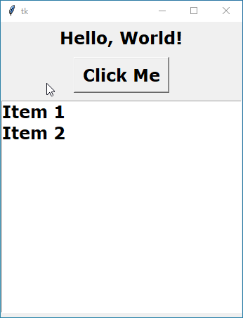 Tkinter GUI with custom font 'Verdana' (size 18, bold) applied to a label displaying 'Hello, World!', a button labeled 'Click Me', and a listbox with items 'Item 1' and 'Item 2'.