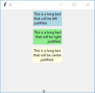 Tkinter example showing justified text labels: left-aligned (light blue), right-aligned (light green), and center-aligned (light yellow) with 100 character wrapping.