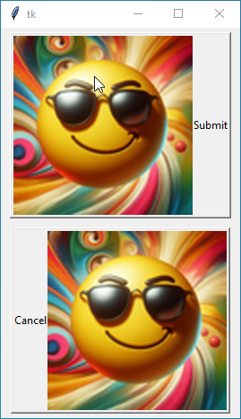 Tkinter window displaying two buttons: 'Submit' with an image (left) and 'Cancel' with the same image (right), showcasing compound layout (text and image) options in Tkinter buttons.