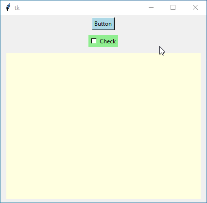 Tkinter window displaying a light blue button, a light green checkbutton, and a light yellow canvas, arranged vertically with padding for visual clarity.