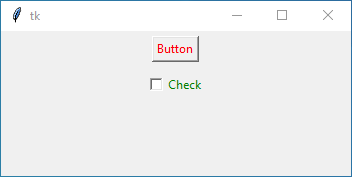 Tkinter window with a red button labeled 'Button' and a green checkbutton labeled 'Check', demonstrating foreground color customization in GUI development.