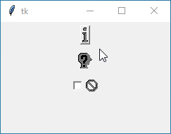 Tkinter example displaying buttons, labels, and checkbuttons with built-in and custom bitmap icons. Button with 'info' icon, label with custom 'questhead' icon, and checkbutton with 'error' icon.