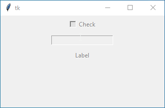 Tkinter window demonstrating disabled widgets: grayed-out checkbutton, entry box, and label with the 'disabledforeground' option.