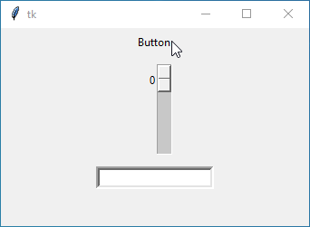 Tkinter GUI elements demonstrating different border width options: Button with no border, Scale with a thin border (width 1), and Entry with a thick border (width 4).