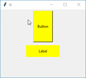 Tkinter GUI example demonstrating padding options. Yellow button with 10px horizontal padding and 40px vertical padding, and yellow label with 40px horizontal padding and 10px vertical padding. Both elements have 5px top and bottom padding.