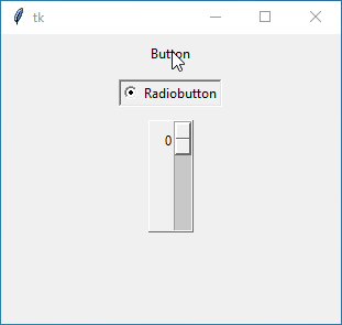 Tkinter window displaying a flat button, a sunken radiobutton, and a raised scale, demonstrating different border styles for visual separation in GUI design.
