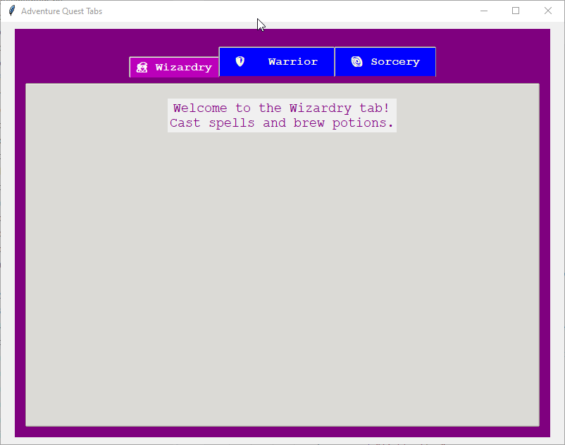 a customized ttk Notebook GUI application with an 'Adventure Quest Tabs' theme. The notebook has a purple background with three tabs at the top. Each tab displays a colorful themed icon (wizard hat, shield, and stars) and bold text ('Wizardry', 'Warrior', 'Sorcery'). Content within each tab is themed accordingly (wizardry, warrior, and sorcery)