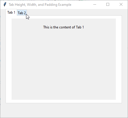 Screenshot of a ttk Notebook GUI application with two tabs. Tab 1 (labeled 'Tab 1') has more padding around the text compared to Tab 2 (labeled 'Tab 2').