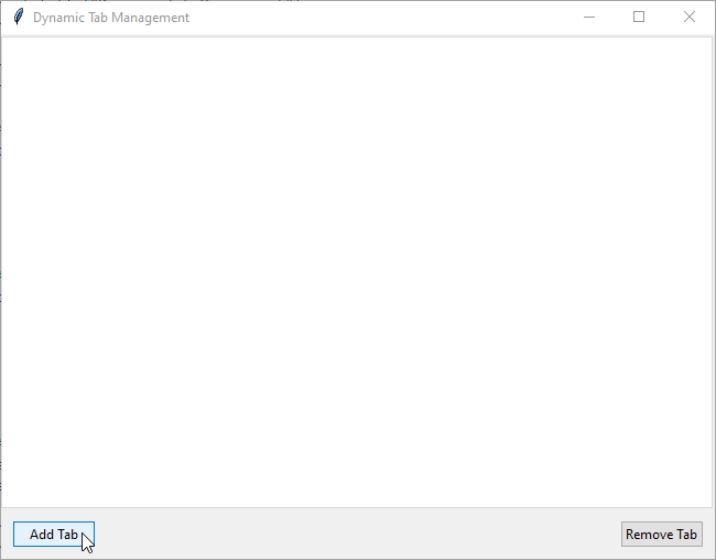 Screenshot of a dynamic ttk Notebook tkinter application with buttons for adding and removing tabs. The notebook currently has empty tabs with titles dynamically generated based on their order (e.g., Tab 1, Tab 2, etc.).