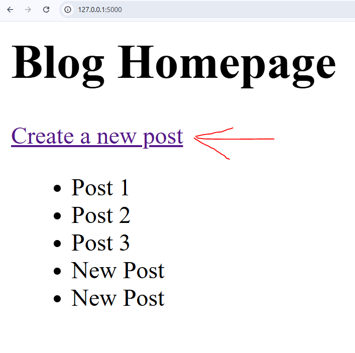 Screenshot of a Flask application demonstrating URL redirection. The add new post page redirects to home page within the application.