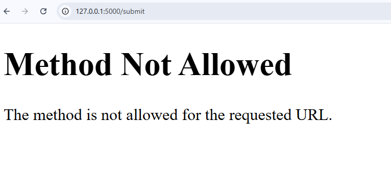Screenshot of a Flask application page displaying a 'Method Not Allowed' error, demonstrating how to handle HTTP method restrictions in Flask.